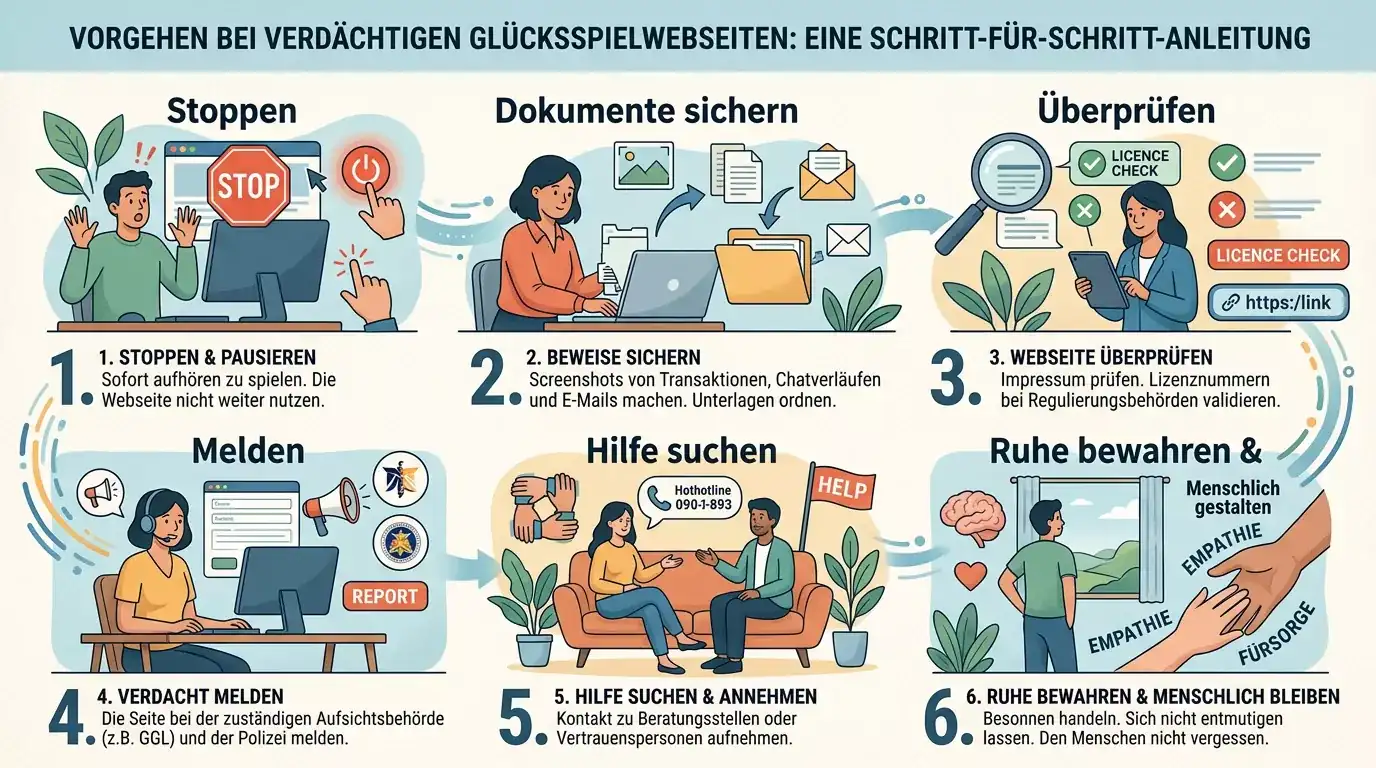 Ruhige nächste Schritte bei einer auffälligen Glücksspielseite
